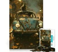 Puzzle da 1000 pezzi per adulti con gatto su un'auto d'epoca,taglio premium,gioco stimolante per la mente,divertimento e decorazione natalizia (38x26cm)