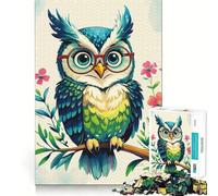 Puzzle da 1000 pezzi per adulti con gufo dei cartoni animati con occhiali su un ramo,gioco di incastro divertente e stimolante, tempo libero (50x75cm)