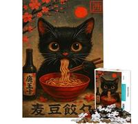 Puzzle da 1000 pezzi per adulti con illustrazione di un gatto nero che mangia ramen Gioco rilassante per adulti ideale per migliorare la memoria come regalo di compleanno o per occasioni speciali