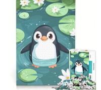Puzzle da 1000 pezzi per adulti con illustrazione di un simpatico pinguino in uno stagno di ninfee Un gioco rilassante, divertente e spiritoso, ideale come regalo 38x26cm