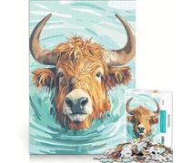 Puzzle da 1000 pezzi per adulti con illustrazione di una mucca delle Highlands che nuota Gioco impossibile sfida difficile per rafforzare l'amore tra le coppie 38x26cm