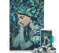 Puzzle da 1000 pezzi per adulti, con immagine di donna blu e fiori, effetto vetrata artistica, giocattolo educativo, migliora la memoria, compleanno e Natale 50x75cm