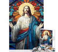 Puzzle da 1000 pezzi per adulti con immagine di Gesù Cristo in vetro colorato gioco rompicapo sfida impegnativa decorazione da parete per rafforzare l'amore tra le coppie (50x75cm)