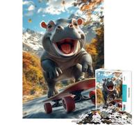 Puzzle da 1000 pezzi per adulti con ippopotamo sorridente che fa skateboard gioco rilassante giocattolo educativo ottimo regalo per donne (dimensioni 38x52cm)
