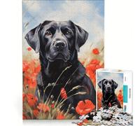 Puzzle da 1000 pezzi per adulti con Labrador nero tra i papaveri, antistress, decorazione perfetta, con poster e foglio di curiosità abbinati 38x26cm