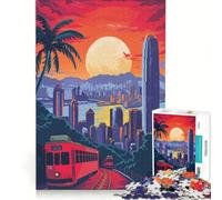 Puzzle da 1000 pezzi per adulti con lo skyline di Hong Kong e il tram gioco impossibile antistress compleanno e Natale 38x52cm