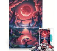 Puzzle da 1000 pezzi per adulti con luna rossa su lago di montagna gioco educativo migliora la memoria compleanno e Natale 38x26cm