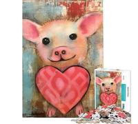 Puzzle da 1000 pezzi per adulti con maialino di San Valentino e un grazioso cuore Tecnica mista Gioco educativo e pratico adatto a partire dai 14 anni del puzzle 38x26cm