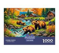 Puzzle da 1000 pezzi per adulti con orso bruno: villaggio del fiume degli orsi, impossibile, difficile e istruttivo, decompressione, 52x38 cm/1000 pezzi