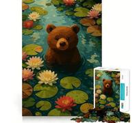 Puzzle da 1000 pezzi per adulti con orso nello stagno delle ninfee,taglio netto,gioco creativo,passatempo,regalo di Natale rilassante (38x26cm)