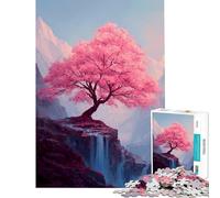 Puzzle da 1000 pezzi per adulti con paesaggio di alberi in fiore rosa e cascata Divertimento a casa attività per famiglie giocattolo antistress per maggiori di 14 anni 38x52cm