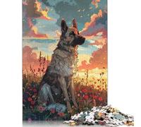 Puzzle da 1000 pezzi per adulti con pastore tedesco al tramonto. Difficoltà: rafforza i rapporti tra i membri della famiglia. 1000 pezzi (75x50 cm).