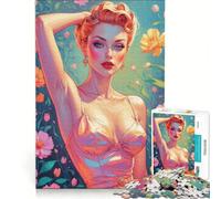 Puzzle da 1000 pezzi per adulti con pin-up bionda e sfondo floreale, giocattolo educativo, migliora la memoria, compleanno e Natale 38x26cm