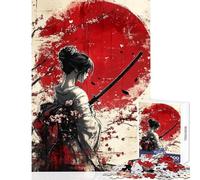 Puzzle da 1000 pezzi per adulti con protagonista una donna samurai con sole rosso ideale come regalo per tutta la famiglia (38x26cm)