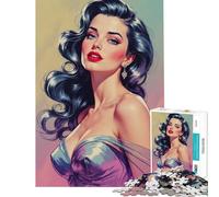 Puzzle da 1000 pezzi per adulti con protagonista una pin-up bruna in abito blu Aiuta ad allenare il cervello e a migliorare la memoria Gioco educativo per maggiori di 14 anni 38x26cm