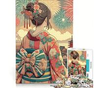 Puzzle da 1000 pezzi per adulti con ragazza anime in kimono che guarda i fuochi d'artificio, decorazione da parete, difficile, compleanno e Natale 38x52cm