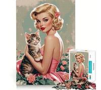 Puzzle da 1000 pezzi per adulti con ragazza bionda pin-up e gattino carino,decorazione con bordi precisi,gioco per allenare la mente,divertimento rilassante,decorazione artistica natalizia 38x52cm