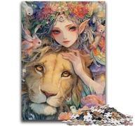 Puzzle da 1000 pezzi per adulti con ragazza leone ed elfo, antistress, per ammazzare il tempo in casa, con poster abbinato e foglio di quiz 26x38cm
