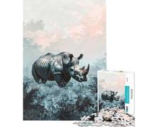 Puzzle da 1000 pezzi per adulti con rinoceronte nella foresta nebbiosa giocattolo educativo decorazione per la casa ottimo regalo (dimensioni 38x52cm)