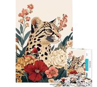 Puzzle da 1000 pezzi per adulti con ritratto di ocelot e composizione floreale Un'attività impegnativa per tutta la famiglia Gioco adatto a persone dai 14 anni in su (38x52cm)
