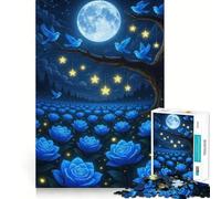 Puzzle da 1000 pezzi per adulti con rose blu,uccelli,luna e stelle Decorazione a incastro,gioco cognitivo divertente,gioco di pace,attività per compleanno 38x26cm