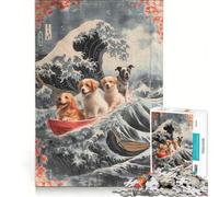 Puzzle da 1000 pezzi per adulti con simpatici cani sull'onda di Hokusai, giochi per famiglie, divertenti e umoristici, un gioco di sfida unico 38x52cm