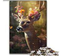 Puzzle da 1000 pezzi per adulti con simpatico cervo e fiore in legno, un regalo perfetto per la famiglia, 50x75cm, ideale per decorare la casa, allenare il cervello e come regalo per le feste