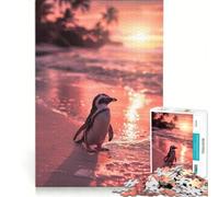 Puzzle da 1000 pezzi per adulti con simpatico pinguino al tramonto, spiaggia e oceano Un gioco rilassante, divertente e spiritoso, ideale come regalo 38x26cm