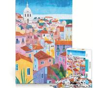 Puzzle da 1000 pezzi per adulti con soggetto Lisbona Portogallo acquerello gioco interattivo interazione genitore-figlio ideale come regalo per tutta la famiglia 38x52cm
