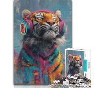 Puzzle da 1000 pezzi per adulti con tigre che indossa le cuffie, gioco per famiglie, antistress, sfida difficile, collezione di artisti, belle arti (50x75cm)