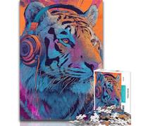 Puzzle da 1000 pezzi per adulti con tigre che indossa le cuffie, per adolescenti, 1000 pezzi, gioco per famiglie, antistress, sfida difficile, regali di Babbo Natale segreto, 26x38cm
