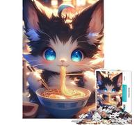 Puzzle da 1000 pezzi per adulti con un dolce gatto che mangia spaghetti Gioco stimolante e rilassante ideale come regalo per donne o come giocattolo (dimensioni 50x75cm)