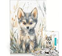 Puzzle da 1000 pezzi per adulti con un simpatico cucciolo di lupo nell'erba, decorazione da parete, ideale per il divertimento in famiglia, regalo di compleanno o di viaggio 38x52cm