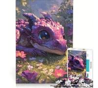 Puzzle da 1000 pezzi per adulti con un simpatico drago rosa in un prato fiorito, gioco impossibile, impegnativo da completare, ideale come regalo 38x26cm