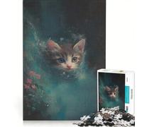 Puzzle da 1000 pezzi per adulti con un simpatico gattino color verde acqua, gioco rilassante, taglio di precisione, ideale come decorazione da scrivania 50x75cm