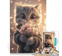 Puzzle da 1000 pezzi per adulti con un simpatico gattino e fiori, un gioco rilassante, divertente e spiritoso, ideale come regalo 38x52cm