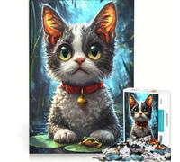 Puzzle da 1000 pezzi per adulti con un simpatico gattino e una rana su una ninfea, gioco rilassante, decorazione per la casa, ideale come regalo per tutta la famiglia 38x52cm