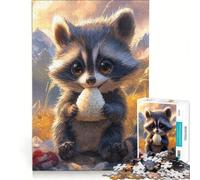 Puzzle da 1000 pezzi per adulti con un simpatico procione che mangia una pallina di riso, gioco interattivo, decorazione da parete, adatto anche come decorazione da scrivania 38x52cm