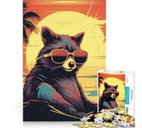Puzzle da 1000 pezzi per adulti con un simpatico procione sulla spiaggia, gioco interattivo, migliora la memoria, collezione d'artista, opera d'arte 38x52cm
