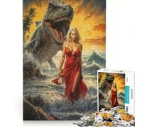 Puzzle da 1000 pezzi per adulti con una bellissima ragazza e un dinosauro sulla spiaggia, ideale per giochi in famiglia, decorazione perfetta e regali unici per compleanno e Natale 38x52cm