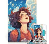 Puzzle da 1000 pezzi per adulti con una curiosa ragazza anime tra le nuvole, gioco per famiglie, rilassante e stimolante per la mente, collezione d'artista, belle arti 38x26cm
