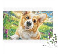 Puzzle da 1000 pezzi per adulti con Welsh Corgi, colorato e dolce, in un giardino fiorito, splendidamente illustrato, attività unica per la casa, 52x38 cm/1000 pezzi