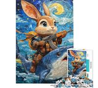 Puzzle da 1000 pezzi per adulti: Coniglio armato che cavalca uno squalo in una notte stellata Puzzle per adulti giocattolo decorativo da parete regalo di compleanno sfida educativa (38x52cm)