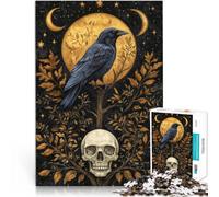 Puzzle da 1000 pezzi per adulti Corvo mistico e teschio sotto la luna dorata Gioco a quiz Attività divertenti a casa, regali di compleanno, regali di viaggio, 52x38cm