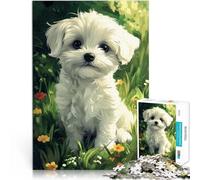 Puzzle da 1000 pezzi per adulti Cucciolo di cane maltese tra i fiori Gara di velocità delle mani Migliorare l'amore tra le coppie 50x70cm