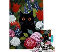 Puzzle da 1000 pezzi per adulti dipinto di un gatto nero in un giardino fiorito Gioco educativo di assemblaggio e decorazione murale Adatto a persone dai 14 anni in su (50x75cm)