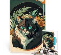 Puzzle da 1000 pezzi per adulti Disegno di un gatto con i fiori Per il divertimento in famiglia con poster abbinato e foglio di quiz 75x50cm