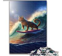 Puzzle da 1000 pezzi per adulti, divertente puzzle in cartone raffigurante un gatto che fa surf, per adolescenti e ragazzi, ideale come regalo di compleanno e per le feste, 1000 pezzi(26x38cm)