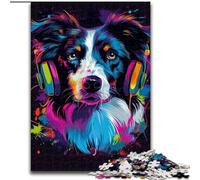 Puzzle da 1000 pezzi per adulti DJ Neon Border Collie in legno, perfetto per regali di compleanno, Natale e Halloween 50x75cm, decorazione artistica fai da te, regalo di compleanno perfetto
