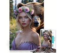 Puzzle da 1000 pezzi per adulti Donna bionda con orso e corona di fiori,gioco di precisione,rompicapo,gioco di ozio,scena natalizia 50x75cm